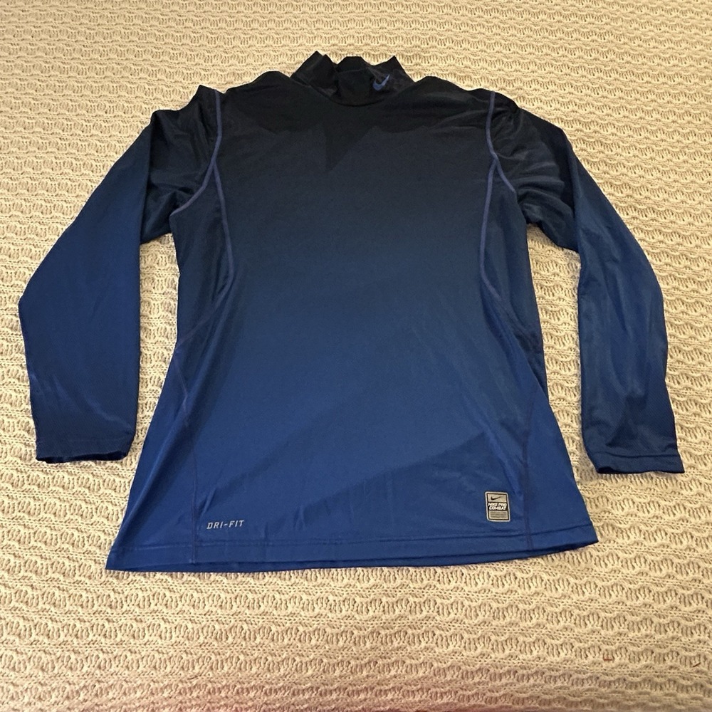 Nike Pro Combat Men Large Fitted Blue Ombre High Neck Long Sleeve Dri Fit Shirt